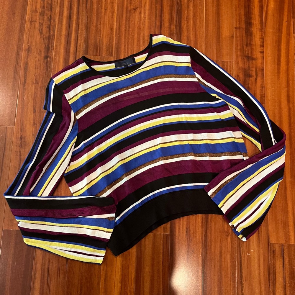 Stripe Knit Sweater Long Sleeve Rachel Rachel Roy Bell Wide Black Multi Plus 2X